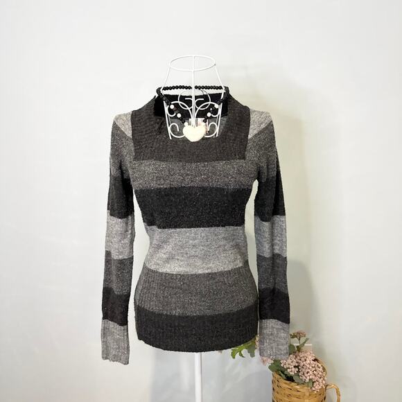 Cute vintage y2k black & gray tight long sleeve grunge square neck sweater top - Picture 1 of 5